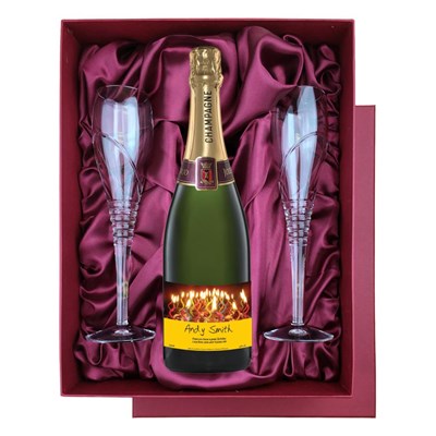 Personalised Champagne - Candles Label in Red Luxury Presentation Set With Flutes